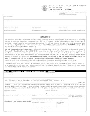 Save Print Reset Missouri Insurance Taxes for Calendar Year Due March 1, Life Insurance Companies Missouri Department of Insuran  Form