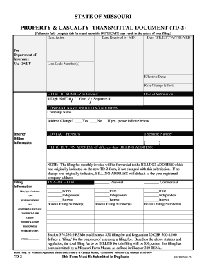 PROPERTY &amp; CASUALTY TRANSMITTAL DOCUMENT TD 2  Form