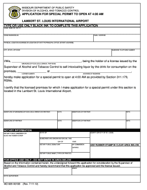 APPLICATION for SPECIAL PERMIT to OPEN at 400 AM Atc Dps Mo  Form