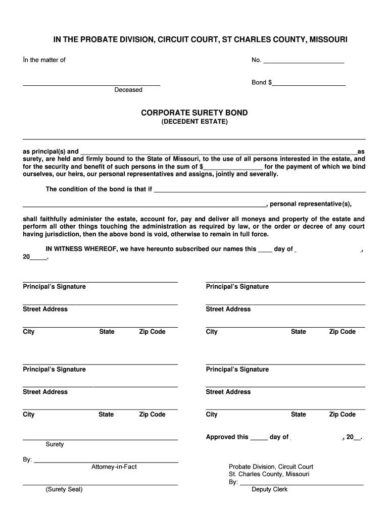 Corp Surety Bond Decedent Courts Mo  Form