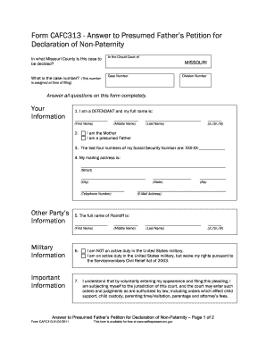 Presumed Fathers Petition for Declaration of Non Paternity Form