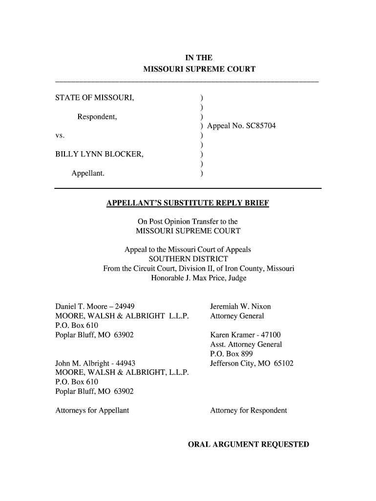 In the MISSOURI SUPREME COURT STATE of MISSOURI, Appeal No Courts Mo  Form
