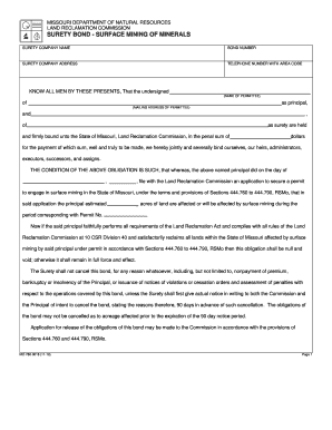 Surety Bond Surface Mining of Minerals, Form MO Dnr Mo