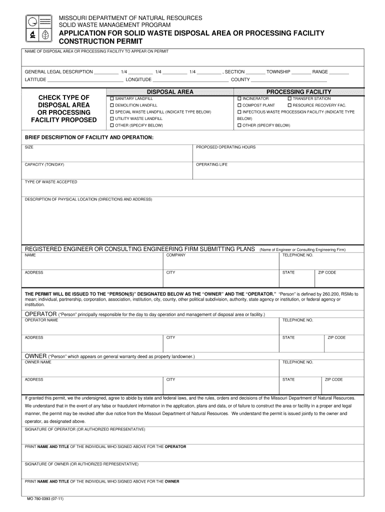 APPLICATION for SOLID WASTE DISPOSAL AREA or Dnr Mo  Form