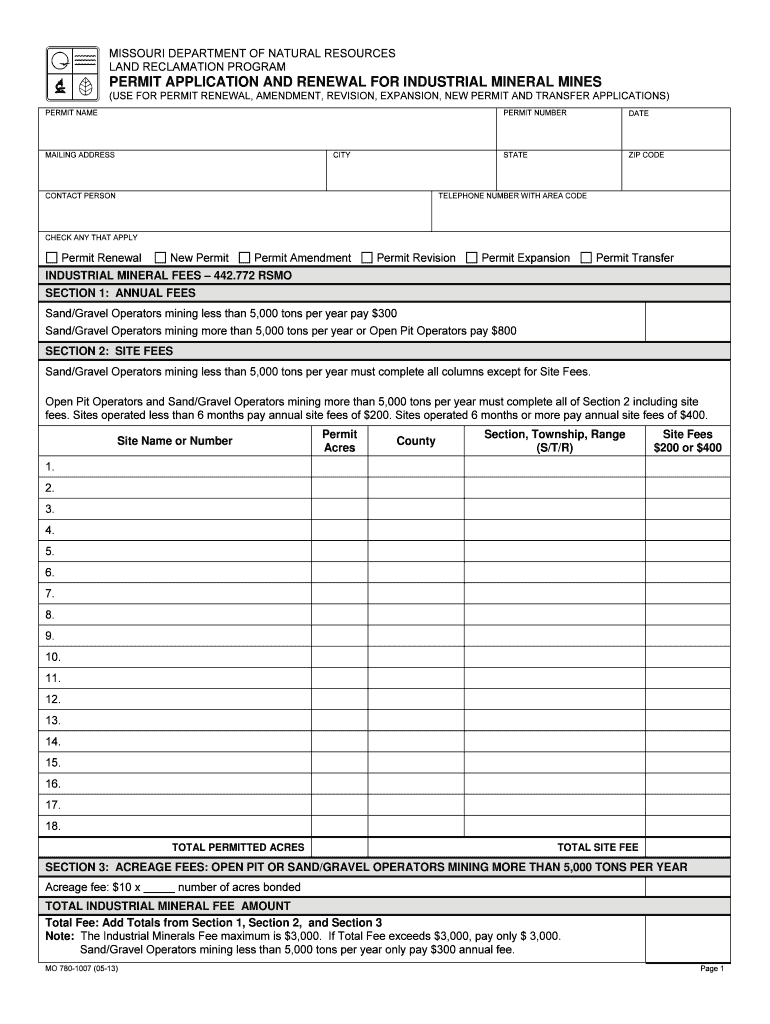 Permit Application for Industrial Mineral Mines, Form Dnr Mo