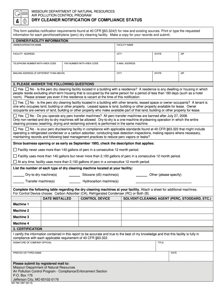 Dry Cleaner Notification of Compliance Status, Form Dnr Mo