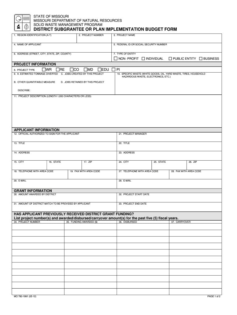 District Subgrantee or Plan Implementation Budget Form Dnr Mo