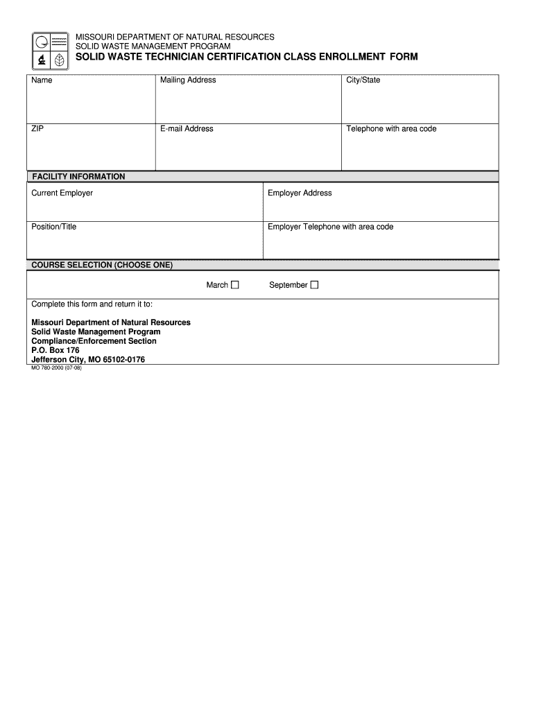 Solid Waste Technician Certification Class Enrollment Form MO Dnr Mo