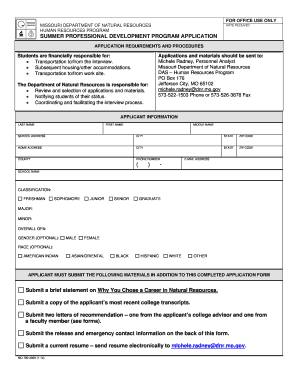 For OFFICE USE ONLY MISSOURI DEPARTMENT of NATURAL RESOURCES HUMAN RESOURCES PROGRAM Dnr Mo  Form