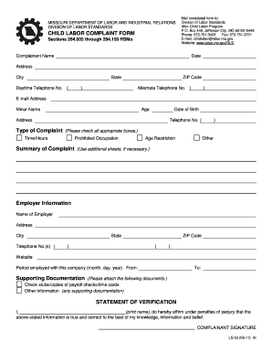 Child Labor Complaint Form LS 53 Missouri Department of Labor Labor Mo