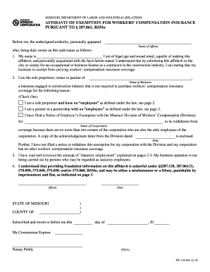 Affidavit of Exemption for Workers&#039; Compensation Insurance  Form