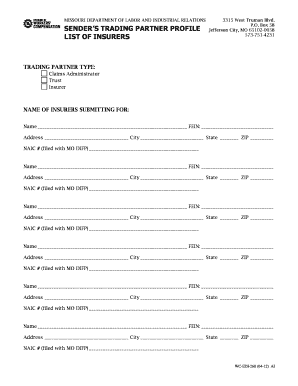 Sender&#039;s Trading Partner Profile List of Insurers Missouri  Form