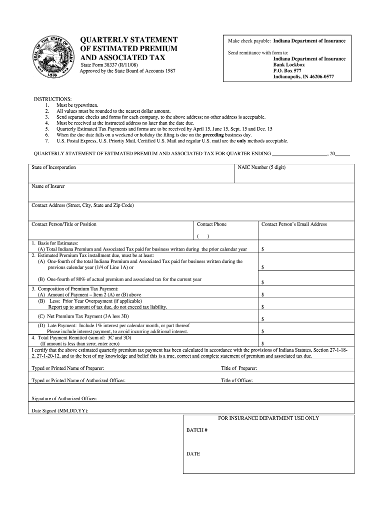 State of Indiana Quarterly Premium Tax Form