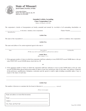 Corp 43 C11 Amended Articles Accepting Close Corporation Law Sos Mo  Form