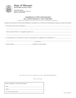 Corp 4411 Amendment of Articles of Incorporation for a General Business or Close Corporation Sos Mo  Form