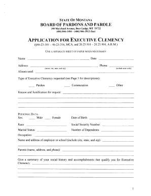Montana Application Fillable for Executive Clemency Form