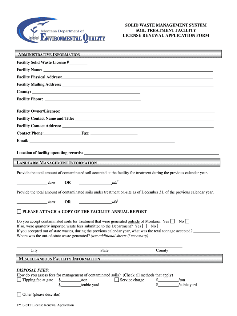 Soil Treatment Facility License Renewal Application Form Deq Mt