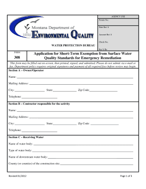 308 Application for Short Term Exemption from Surface Water Deq Mt  Form