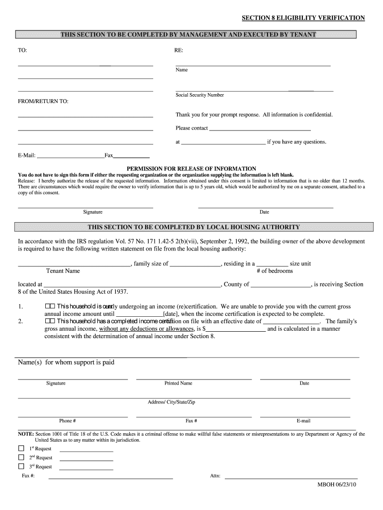 Verification of Section 8 Housing Mt  Form