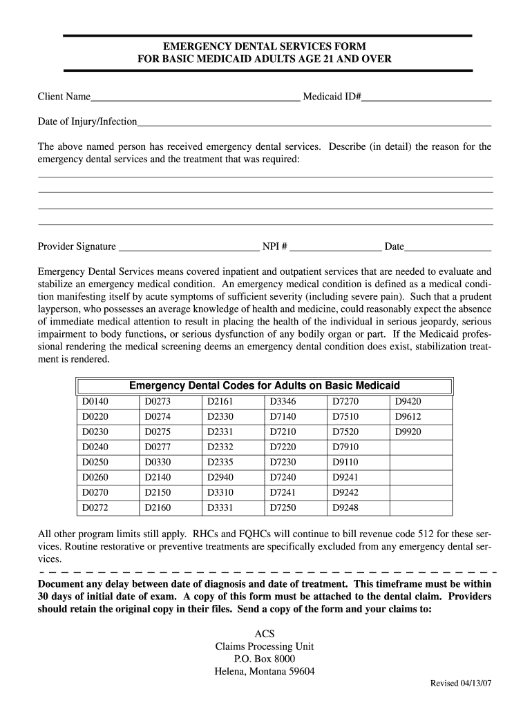 EMERGENCY DENTAL SERVICES FORM for BASIC MEDICAID Medicaidprovider Hhs Mt