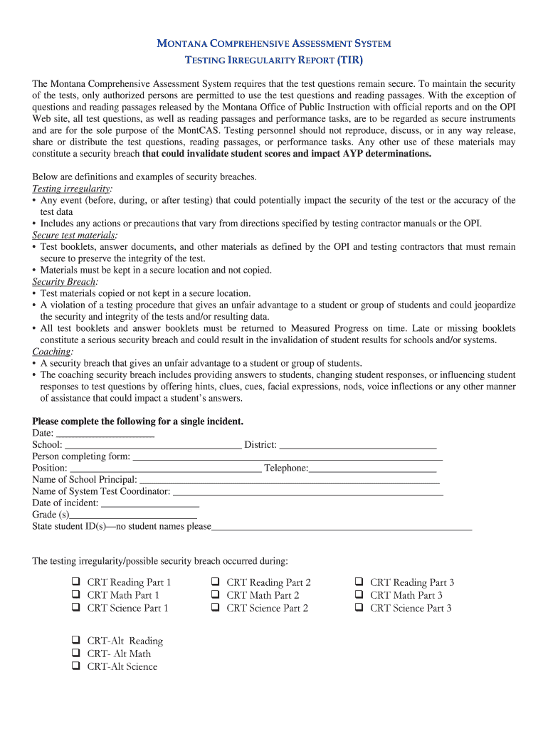 Testing Irregularity Report Opi Mt  Form