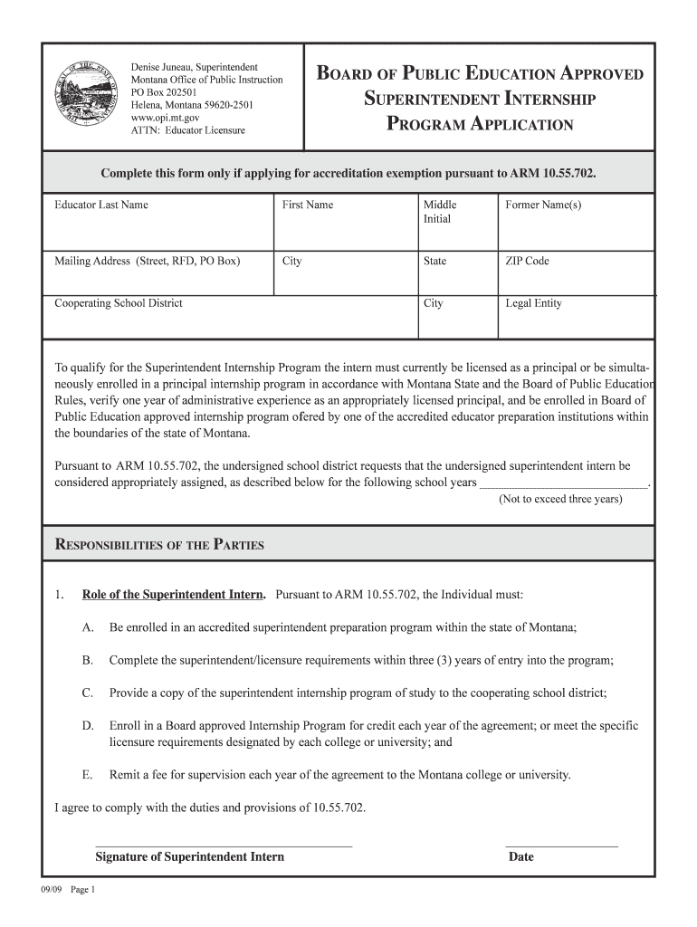 Superintendent Internship Program Application Montana Office of Opi Mt  Form