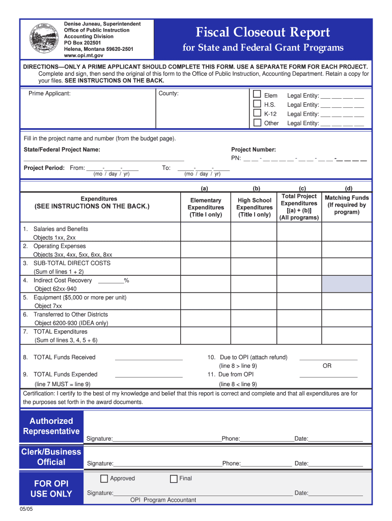 Fiscal Closeout Report for State and Federal Grant Programs  Form