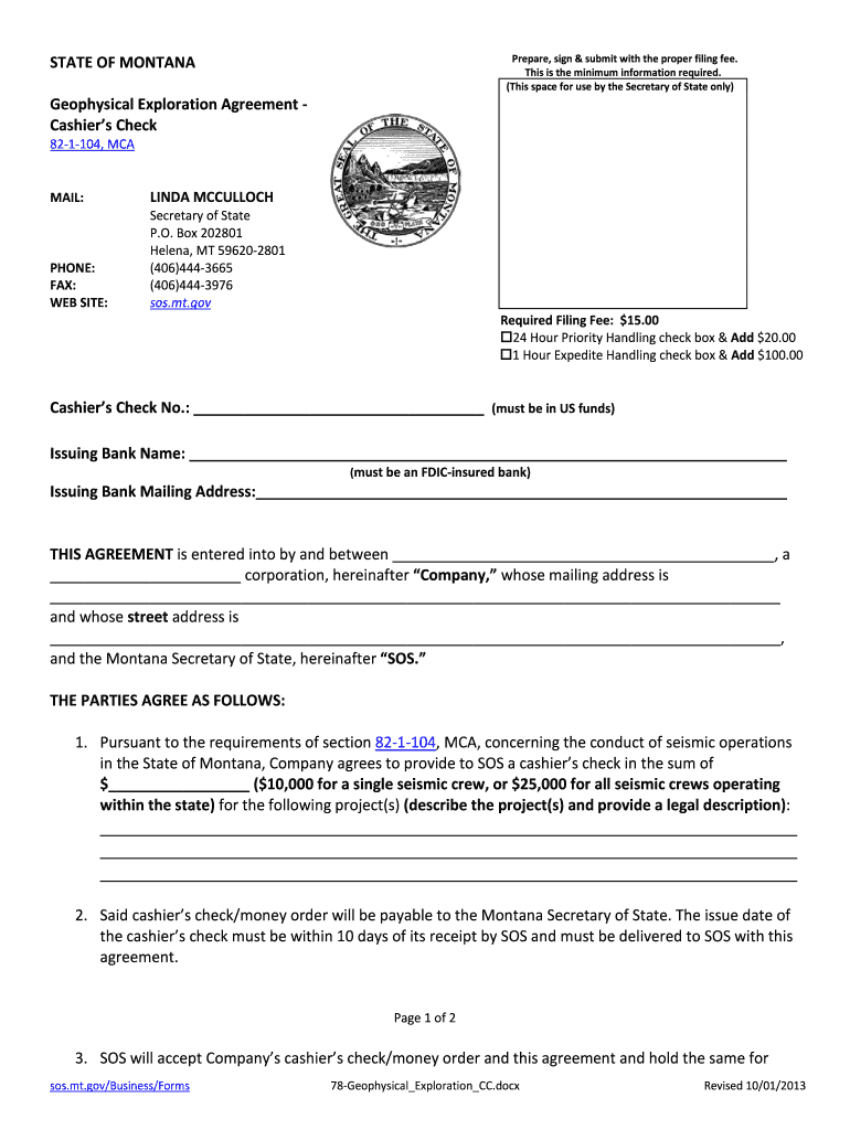 STATE of MONTANA Geophysical Exploration Secretary of State Sos Mt  Form