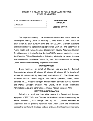 BEFORE the BOARD of PUBLIC ASSISTANCE APPEALS STATE of MONTANA in the Matter of the Fair Hearing of CLAIMANT Dphhs Mt  Form