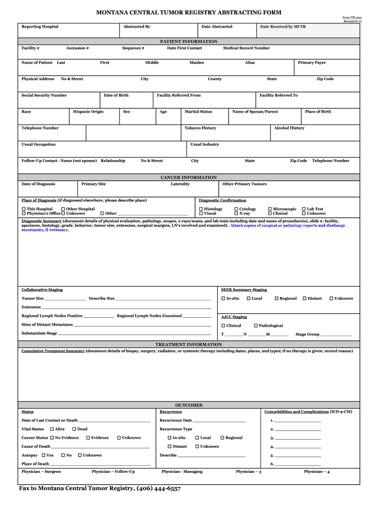 MONTANA CENTRAL TUMOR REGISTRY ABSTRACTING FORM Dphhs Mt