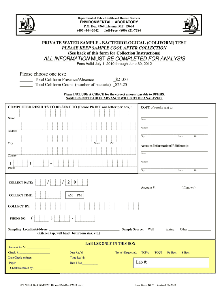 Test Order Form and Sample Collection Instructions Dphhs Mt