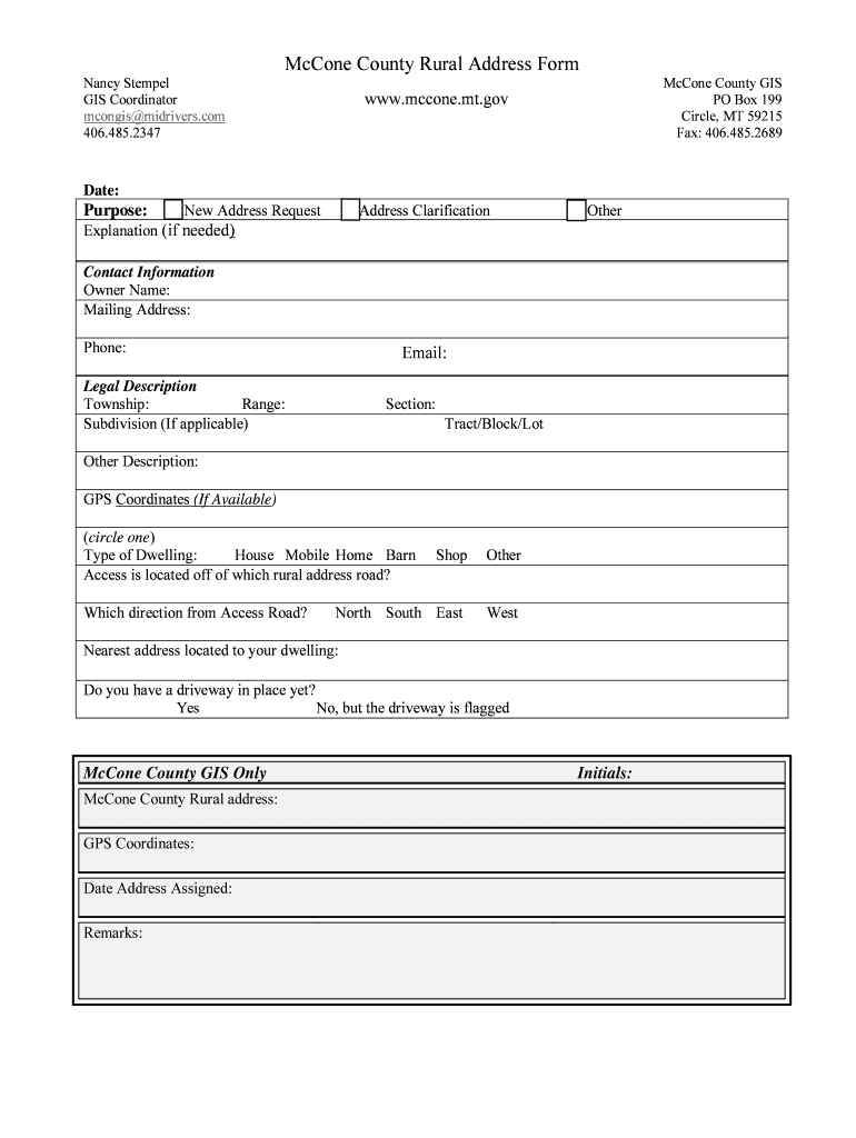 Address Request Form Mccone Mt