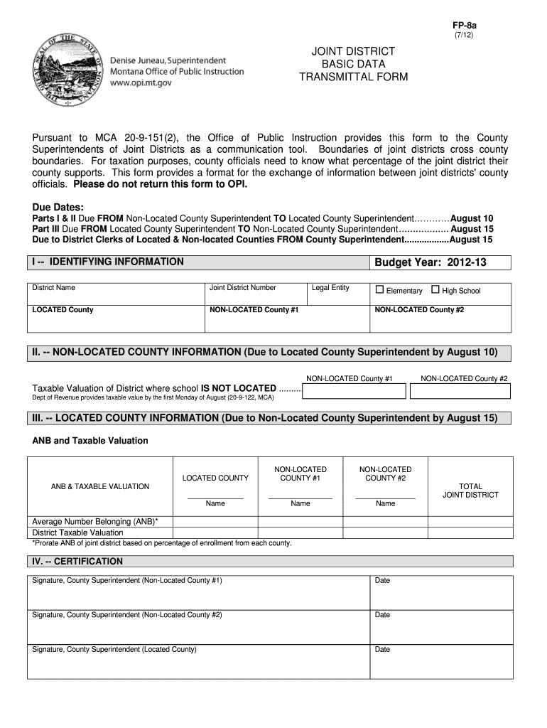 Joint District Basic Data Transmittal Form Opi Mt