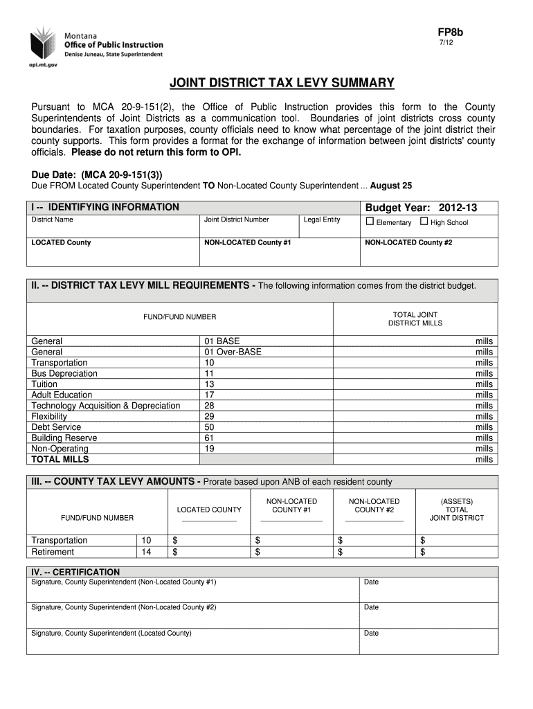 Joint District Tax Levy Summary FP 8b FY2012 Joint District Tax Levy Summary FP 8b FY2012  Form