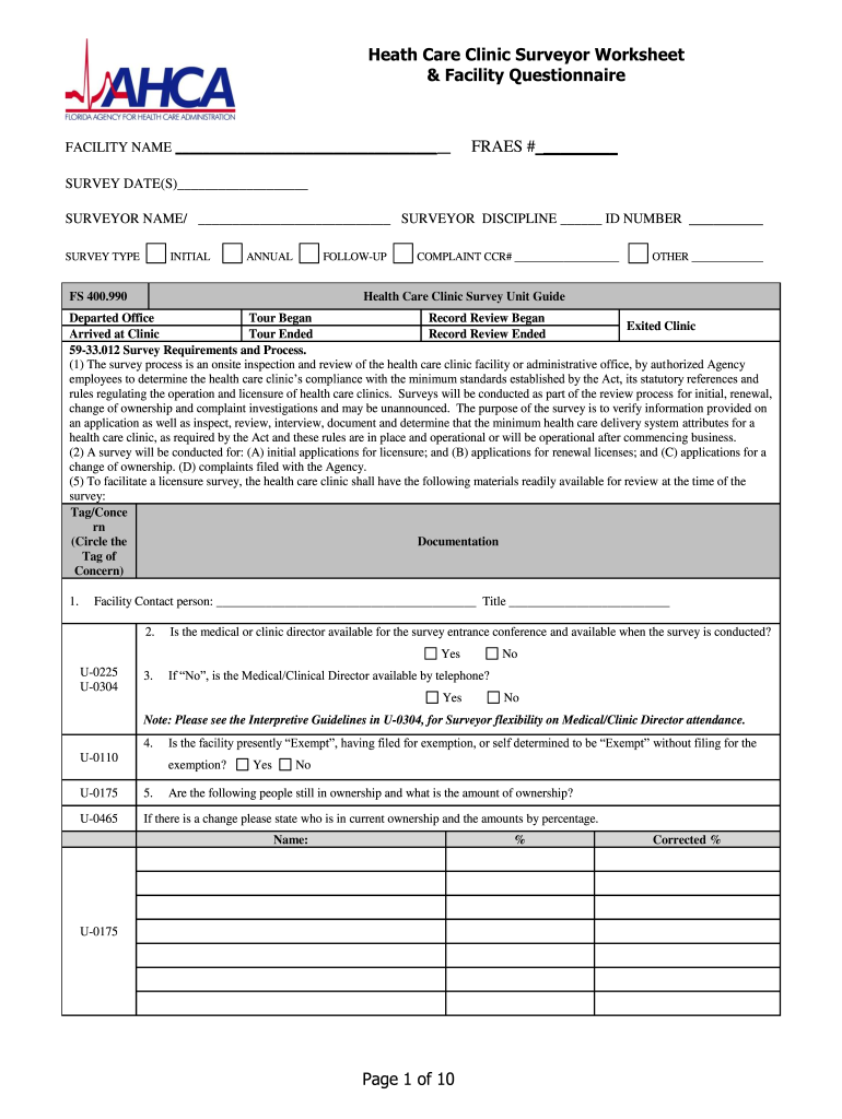 Of 10 Heath Care Clinic Surveyor Worksheet & Facility Questionnaire  Form