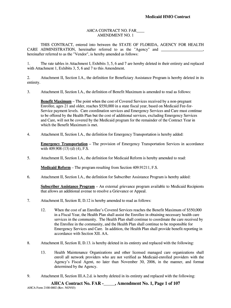 Amendment No 1, Page 1 of 107 Agency for Health Care  Form