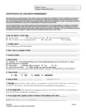 Indiana Birth Certificate Worksheet Mailing Form