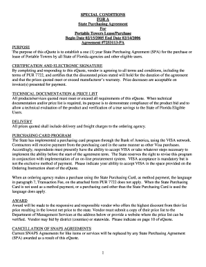 SPECIAL CONDITIONS for a State Purchasing Agreement for Portable Towers LeasePurchase Begin Date 0215 End Date 0214 Agreement #7  Form