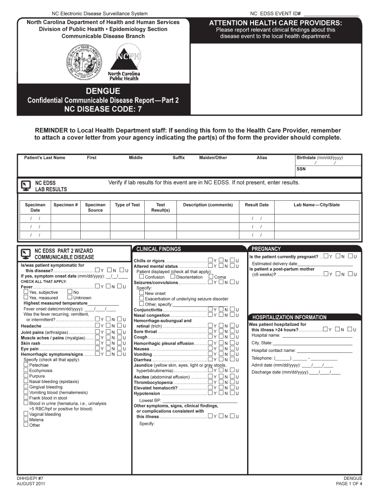 DENGUE NC DPH Epidemiology Epi Publichealth Nc  Form