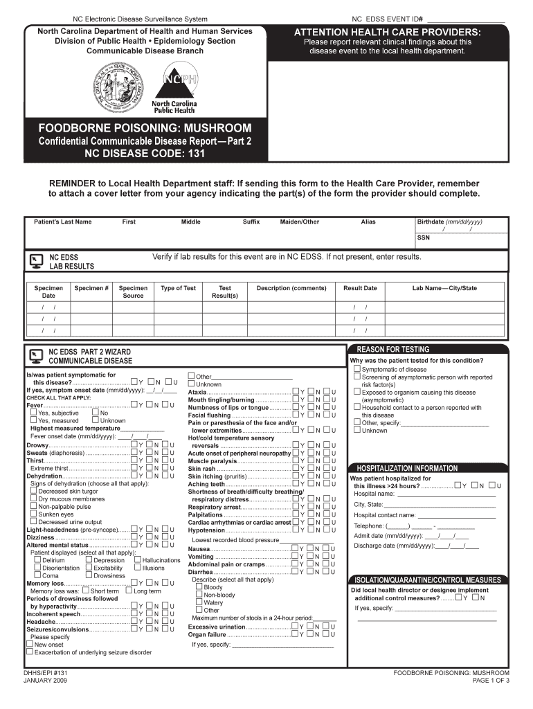 FOODBORNE POISONINg MuSHROOM Epi Publichealth Nc  Form