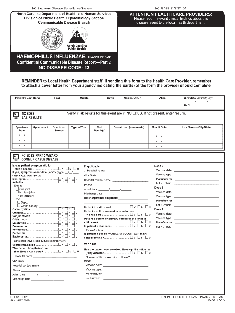 HaemopHilus Influenzae, INVASIVE DISEASE Epi Publichealth Nc  Form