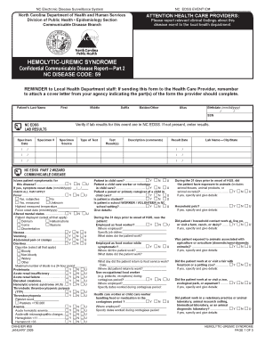 Hemolytic Uremic Syndrome HUS NC DPH Epidemiology Epi Publichealth Nc  Form