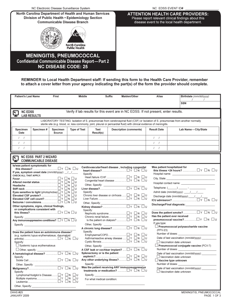 Meningitis, PneuMococcal NC DPH Epidemiology Epi Publichealth Nc  Form