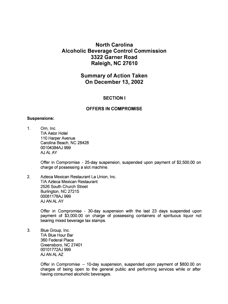 North Carolina Alcoholic Beverage Control Commission 3322 Garner Road Raleigh, NC 27610 Summary of Action Taken on December 13,   Form