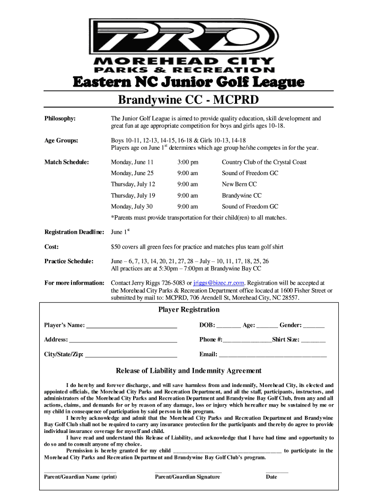 Eastern NC Junior Golf League Moreheadcity Nc  Form