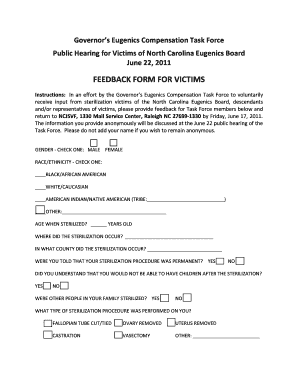 FEEDBACK FORM for VICTIMS Sterilizationvictims Nc