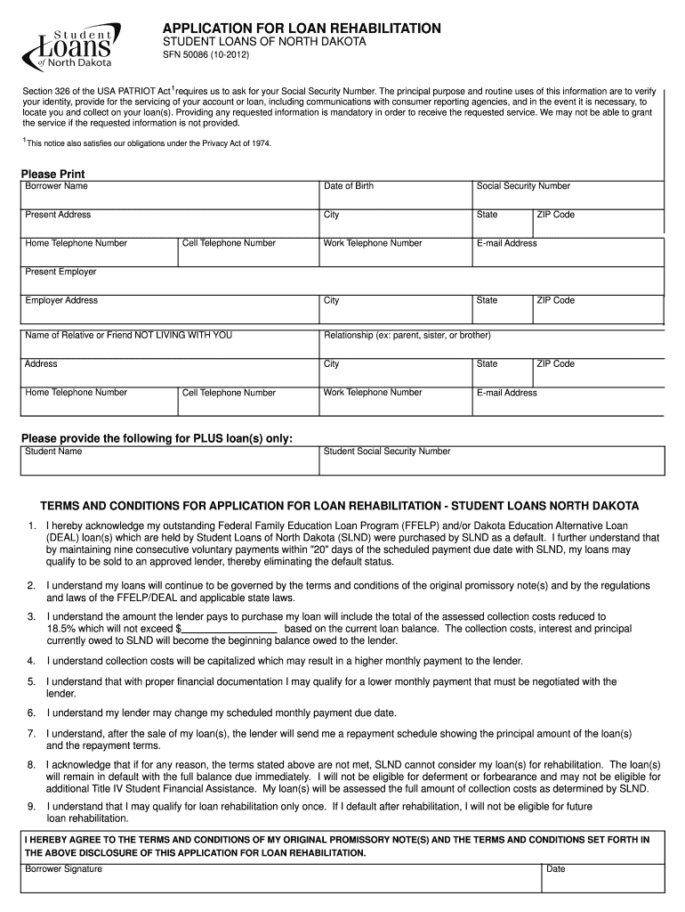 50086 Application for Loan Rehabilitation and Promissory Note Starthere4loans Nd  Form