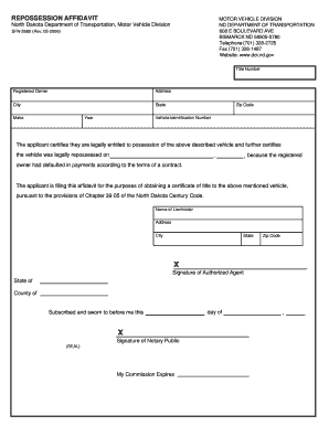 North Dakota Dept of Transportation Repossession Affidavit Form