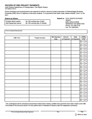 RECORD of DBE PROJECT PAYMENTS North Dakota Department of Transportation, Civil Rights Division SFN 53664 3 Prime Contractors an  Form