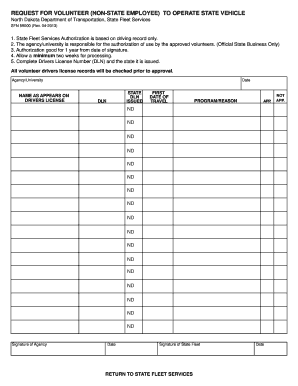 REQUEST for VOLUNTEER NON STATE EMPLOYEE to OPERATE STATE VEHICLE  Form